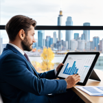 A professional person, fully clothed in a modest business suit, meticulously analyzing financial documents and charts on a modern tablet. They are seated comfortably at a sleek, minimalist desk in a brightly lit, contemporary home office. A blurred, serene Canadian city skyline is visible through a large window in the background. The image should feature perfect anatomy, correct proportions, well-formed hands, and proper finger count, with a natural pose. The lighting is soft and natural, emphasizing a calm yet focused atmosphere. Professional photography, ultra-realistic, high detail, safe for work, appropriate content, fully clothed, professional dress, family-friendly.