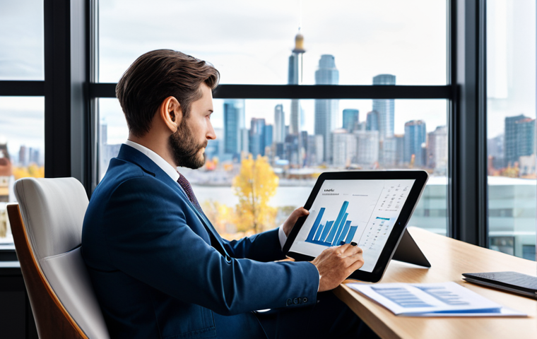 A professional person, fully clothed in a modest business suit, meticulously analyzing financial documents and charts on a modern tablet. They are seated comfortably at a sleek, minimalist desk in a brightly lit, contemporary home office. A blurred, serene Canadian city skyline is visible through a large window in the background. The image should feature perfect anatomy, correct proportions, well-formed hands, and proper finger count, with a natural pose. The lighting is soft and natural, emphasizing a calm yet focused atmosphere. Professional photography, ultra-realistic, high detail, safe for work, appropriate content, fully clothed, professional dress, family-friendly.