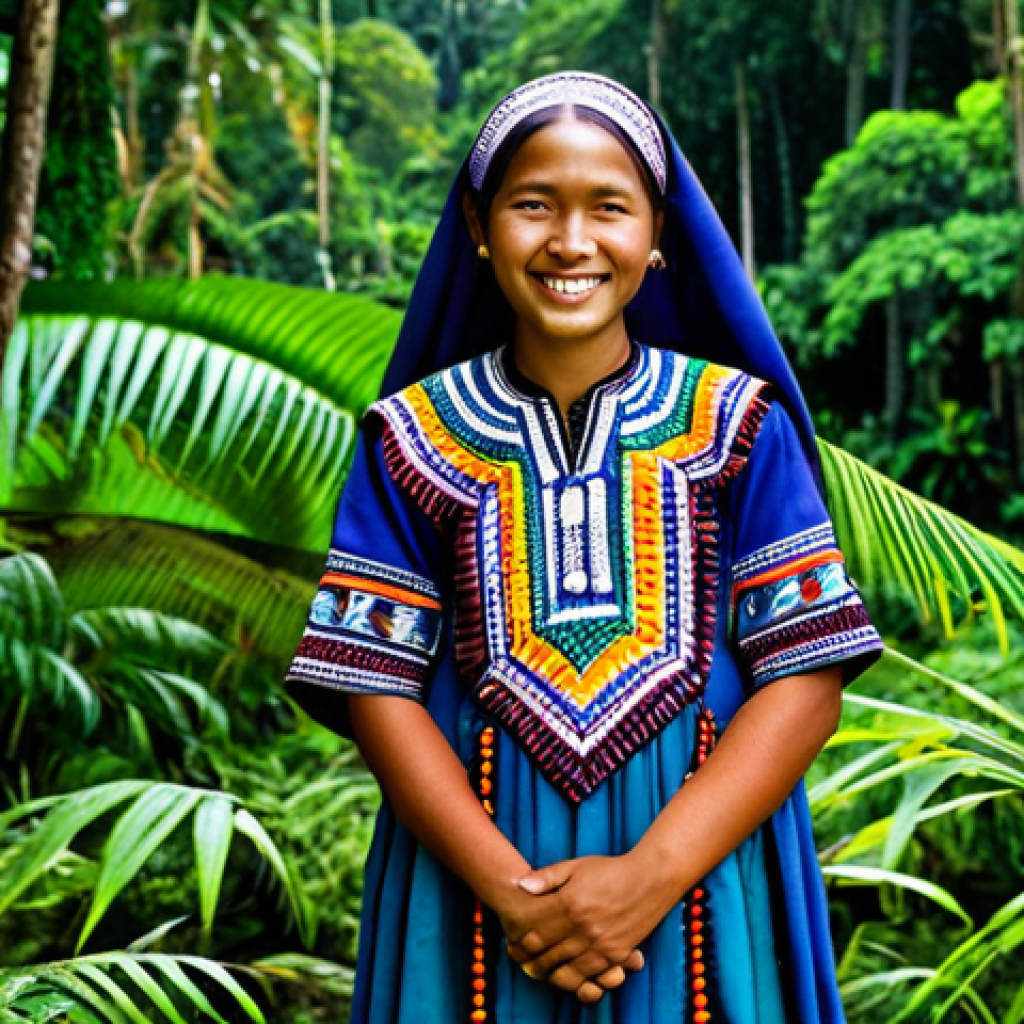 **

"A young Indigenous woman, fully clothed in modest, traditional clothing of vibrant colours and intricate beadwork, stands proudly in front of a lush rainforest in Borneo. She is smiling gently.  The background showcases the rich biodiversity of the jungle, with tall trees, colourful plants, and perhaps a glimpse of local wildlife. Perfect anatomy, correct proportions, natural pose. Professional photography, high quality, safe for work, appropriate content, family-friendly, professional."

**