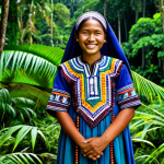 **

"A young Indigenous woman, fully clothed in modest, traditional clothing of vibrant colours and intricate beadwork, stands proudly in front of a lush rainforest in Borneo. She is smiling gently.  The background showcases the rich biodiversity of the jungle, with tall trees, colourful plants, and perhaps a glimpse of local wildlife. Perfect anatomy, correct proportions, natural pose. Professional photography, high quality, safe for work, appropriate content, family-friendly, professional."

**